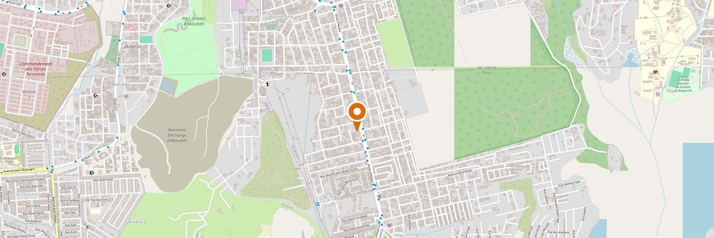 Carte du quartier Abatta situant le Restaurant Chez Lionel sur la Route d’Abatta